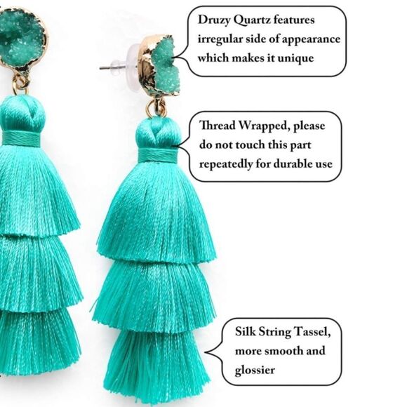 14K Yellow Gold with Turquoise Blue Silk Thread Tassel and Quartz Druzy Earrings - Picture 5 of 8